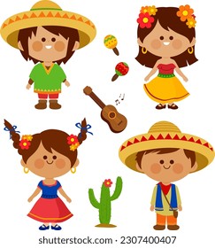 Grupo de niños, niños y niñas mexicanos con sombreros. Ilustración del vector