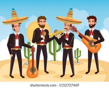 group mexican mariachis with instruments