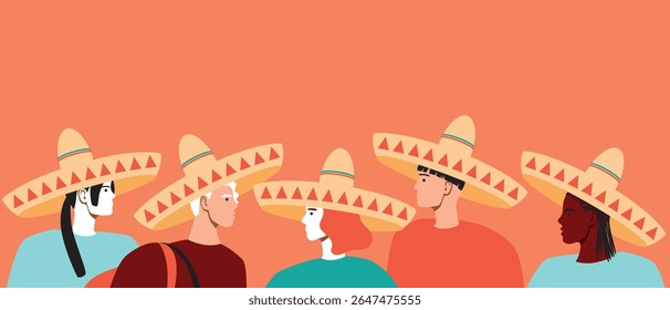 Group of mexican people travel together, flat vector stock illustration as concept of traditional mexico travel and tourists in sombrero as copy space template for sstkTravel
