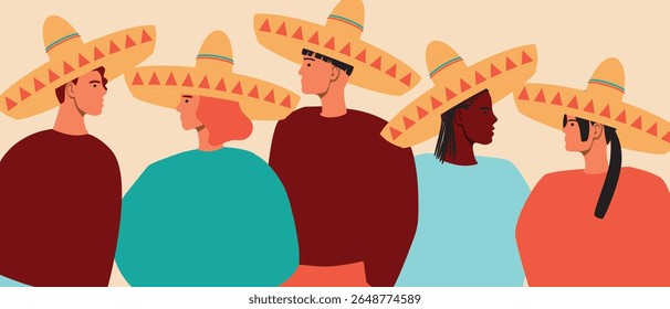 Group of mexican people travel together, flat vector stock illustration as concept of traditional mexico travel and tourists in sombrero