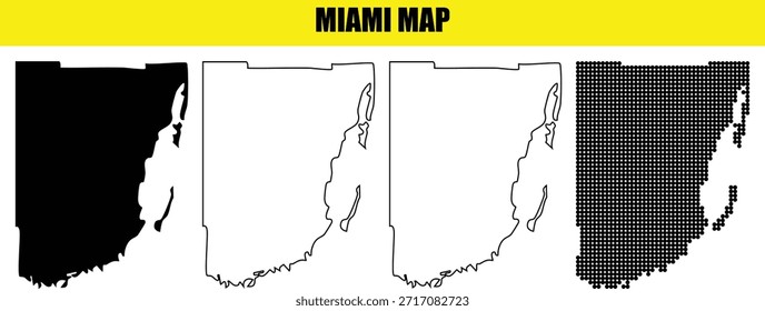 Grupo de mapas de la ciudad de Miami presentados en varios estilos que incluyen el patrón de puntos de contorno de silueta sólida y el relleno en fondos transparentes para mayor versatilidad