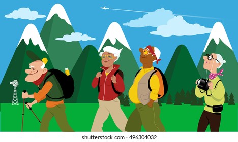 Group of middle aged and elderly people hiking, mountain landscape on the background, EPS 8 vector illustration, no transparencies 