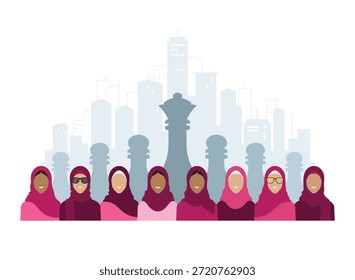Grupo de mulheres do oriente médio em frente a um horizonte da cidade com um arranjo de xadrez de peões liderado por uma peça rainha simbolizando liderança estratégica