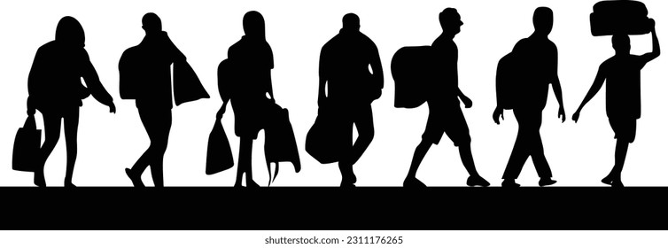 Group of migrants walking full size silhouette design. vector-eps10. 