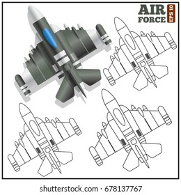 A Group Of Military Aircraft On A White Background.  View From Above. Vector Illustration.