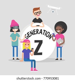 A group of millennial friends gathering around big "Generation z" sign. Gadgets. Modern lifestyle. Flat editable vector illustration, clip art