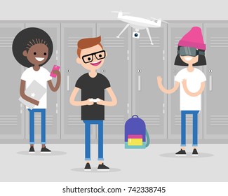 A Group Of Millennial Students Using Gadgets In A School Corridor: Smartphone, Laptop, Drone, Virtual Reality Headset. Generation Z. Students On A Break At A School Hallway. Flat Editable Vector