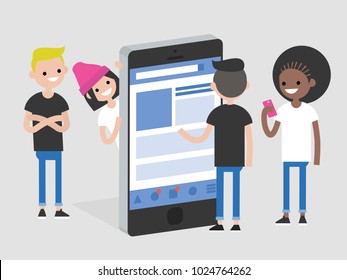 A group of millennials standing around the isometric smartphone. Social media concept. Flat vector illustration, clip art