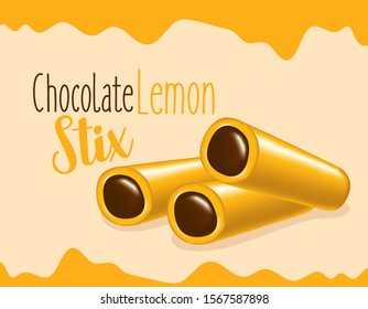 Group of mini licorice candy with lemon in chocolate sauce on yellow color backdrop - Vector