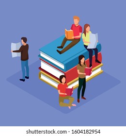 group of mini people reading books vector illustration design