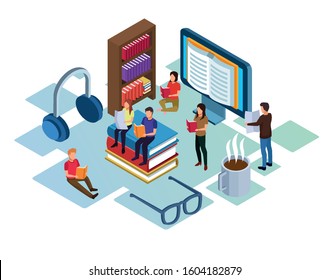 group of mini people reading electronics books vector illustration design