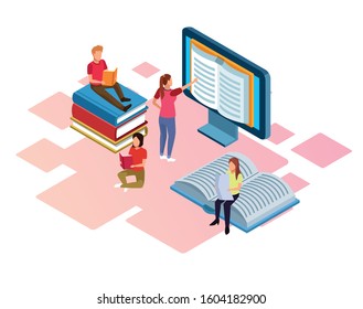 group of mini people reading electronics books vector illustration design