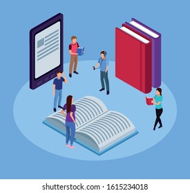 group of mini people reading electronics books in tablet vector illustration design