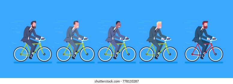 Group Of Mix Race Business Men Wearing Suits Ride Bicycle To Work Horizontal Banner Flat Vector Illustration