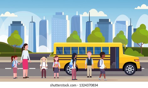 Group Mix Race Children Walking Yellow Stock Vector (Royalty Free ...