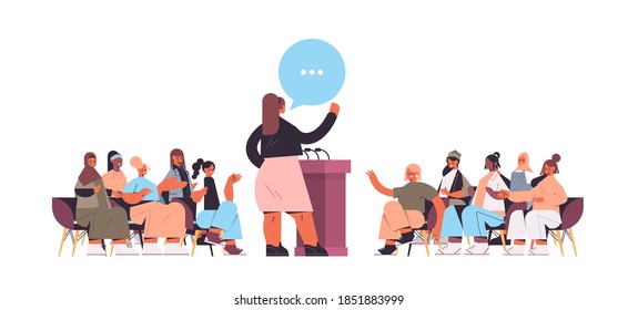 group of mix race female friends discussing during meeting in women's club girls supporting each other chat bubble communication concept horizontal full length vector illustration