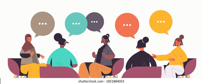 Group Of Mix Race Female Friends Discussing During Meeting In Women's Club Girls With Colorful Speech Bubbles Communication Concept Horizontal Portrait Vector Illustration