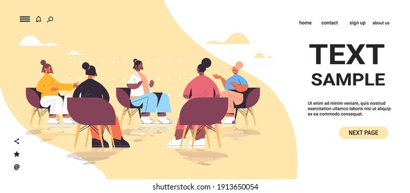 group of mix race female friends discussing during meeting in women's club girls supporting each other union of feminists concept horizontal full length copy space vector illustration