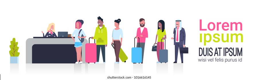 Group Of Mix Race Passengers Standing In Queue To Counter Check In Airport Template Banner With Copy Space, Departures Board Concept Flat Vector Illustration