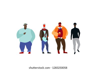 group mix race people standing together casual full length male cartoon characters flat isolated horizontal