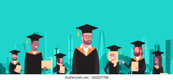 Group Of Mix Race Students In Graduation Cap And Gown Hold Diploma Over Modern City Buildings Background Flat Vector Illustration
