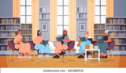 group of mix race women sitting together and reading books modern book club interior horizontal full length vector illustration