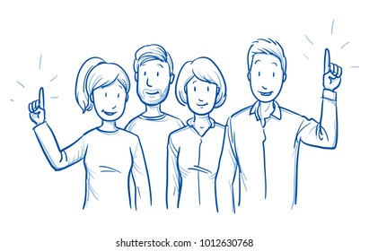 Group of mixed people, some raising hands, concept for voting, volunteering, election. Hand drawn blue outline line art cartoon vector illustration.