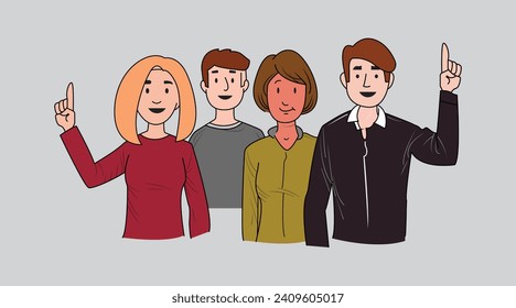  Group of mixed people, some raising hands, concept for voting, volunteering, election, colour art cartoon vector icons, with editable stroke.