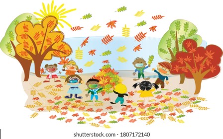 Group of mixed race kids playing with colorful Fall leaves while wearing face masks during the Coronavirus (Covid-19) pandemic. 