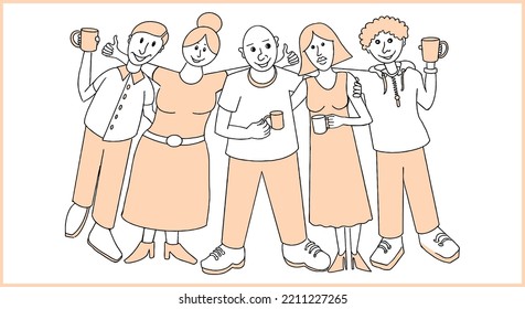 group of mixed smiling people, looking happy having coffee , diverse people. Friends or coworkers are standing, hugging, posing together Cartoon characters. Teamwork, togetherness, friendship concept.