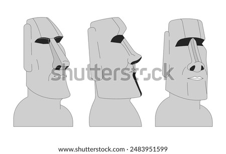 Group of Moai statues black and white 2D line cartoon objects set. Easter island sculptures isolated vector outline items collection. Heritage. Ancient monuments monochromatic flat spot illustrations