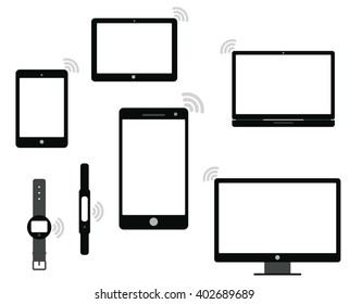 Group of mobile devices and Monitor/TV Set with radio waves wifi symbols vector illustration