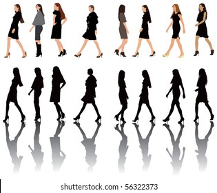 Group of models posing on fashion show. Vector color illustration on white background.