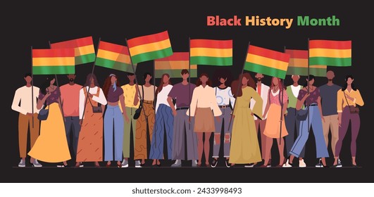 Un grupo de afroestadounidenses modernos vestidos de manera informal se paran uno al lado del otro sosteniendo banderas de colores rojo, amarillo y verde en honor al Mes de la Historia Afroestadounidense. Historia afroamericana.