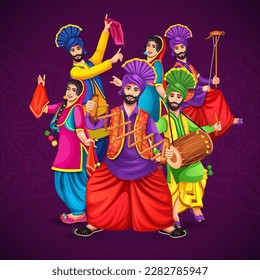 The group of modern Bhangra dancers. Fun character celebrate. Background party music. Vector illustration. Artists of Punjabi dance groups perform the famous Bhangra dance on the occasion of festivals