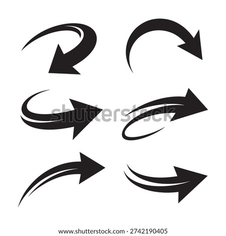 Group of modern black arrows, dynamic curves, swirling motion, forward and backward indicators.