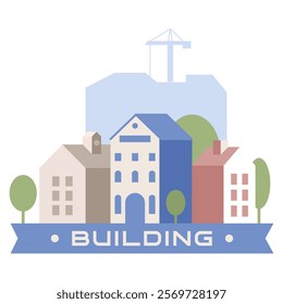Group of modern buildings. Construction in the background with a crane. Vector illustration