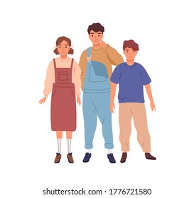 Group of modern children or teen standing together vector flat illustration. Smiling girl and boys posing isolated on white background. Cheerful teenagers in casual clothes. Youth lifestyle