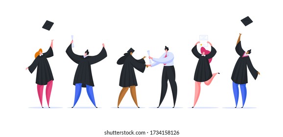 Group of modern diverse young students receiving diplomas and throwing up hats while celebrating graduation from university after long education. Flat cartoon people vector illustration