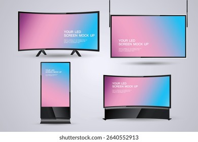 Group of Modern HD TV mock-up highlight screen vector design. The collection of Technology wide LED TV wide screens for Digital Signage Stand show information