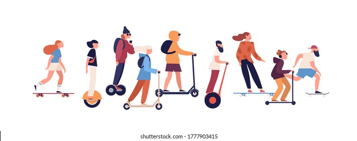 Grupo de personas modernas montando en vehículos personales y dispositivos de transporte eléctrico vectorial ilustración plana. Hombre y mujer participando en la competencia sobre transportador de autoequilibrio aislado en blanco