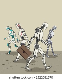 Group of modern robots walking. Cyborgs with artificial intelligence technology.