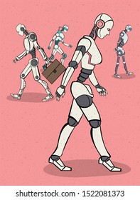 Group of modern robots walking. Cyborgs with artificial intelligence technology.