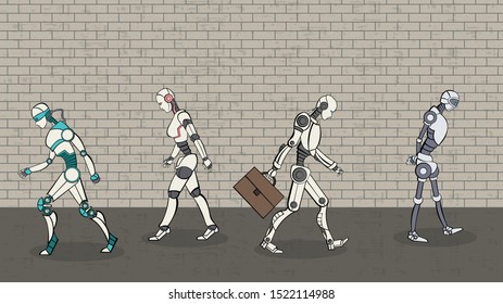Grupo de robôs modernos andando. Cyborgs com tecnologia de inteligência artificial.
