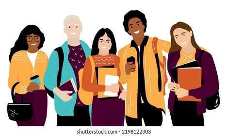 Group of modern students on white background