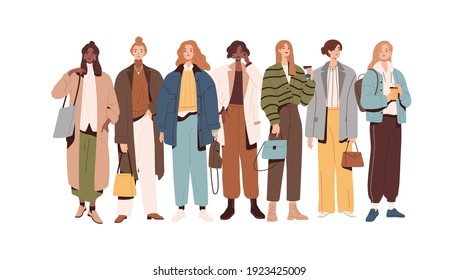 Group of modern stylish women and girls in fashion clothes standing together. Fashionable spring or fall outfits. Street style models. Colored flat vector illustration isolated on white background