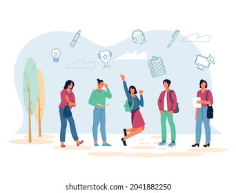 Group of modern university or college students. Cheerful young people with backpacks and books surrounded by various education symbols, flat vector illustration isolated on white background.