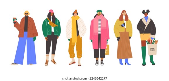 Group of modern women wearing trendy winter clothes. Casual stylish city street style fashion outfits. Hand drawn characters colorful vector illustration.