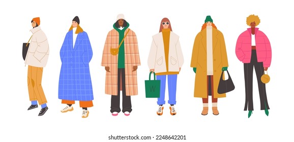 Grupo de mujeres modernas con ropa de invierno de moda. Casual elegante estilo de calle de la ciudad, ropa de moda. Caracteres dibujados a mano ilustraciones vectoriales coloridas.