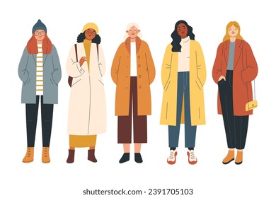 Group of modern women wearing trendy winter clothes. Casual city street fashion outfits. People characters flat vector illustration.